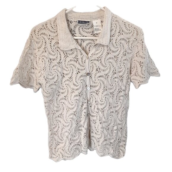 Erika & Co Vintage Crocheted Top Size SMALL Short Sleeve Button Down Linen Blend - Picture 1 of 8